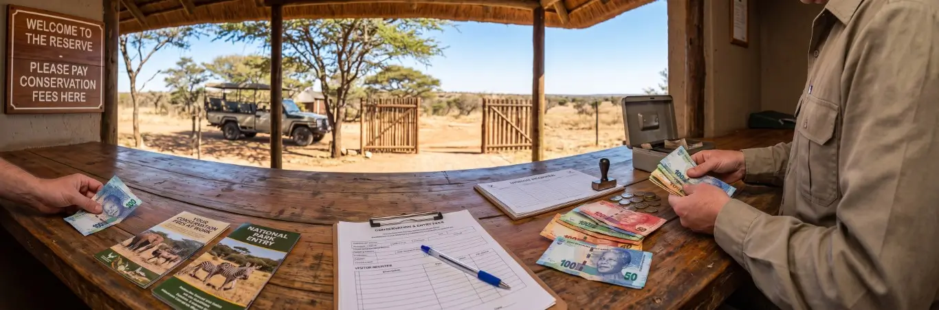 Paying Kruger conservation fees in rand at a gate reception desk