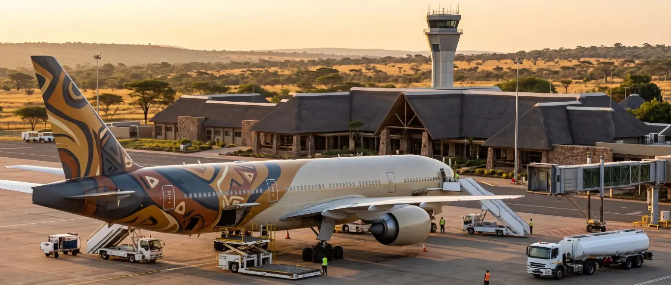 Aircraft at a thatched safari airport terminal near Kruger National Park at sunset