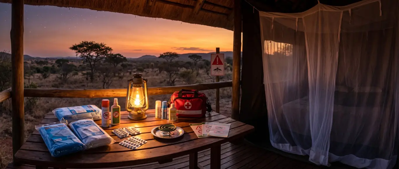 Mosquito net, repellent, malaria tablets and first aid kit on a safari lodge deck at dusk