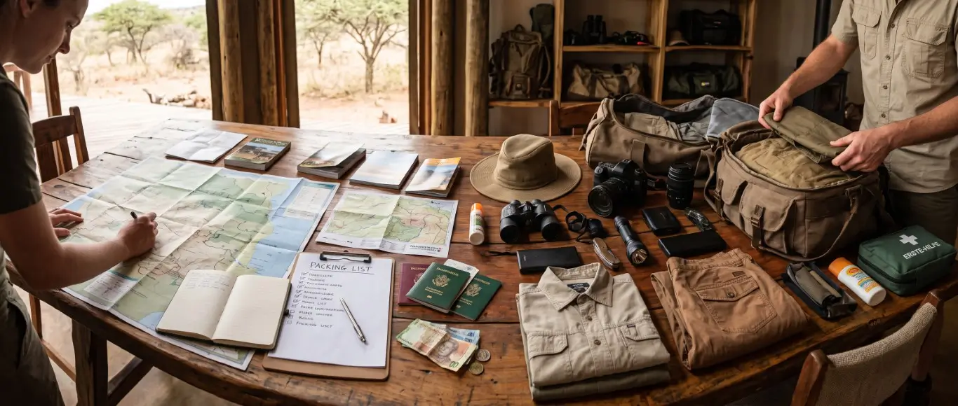 Safari packing list, maps, binoculars, camera, clothing and first aid kit laid out on a lodge table