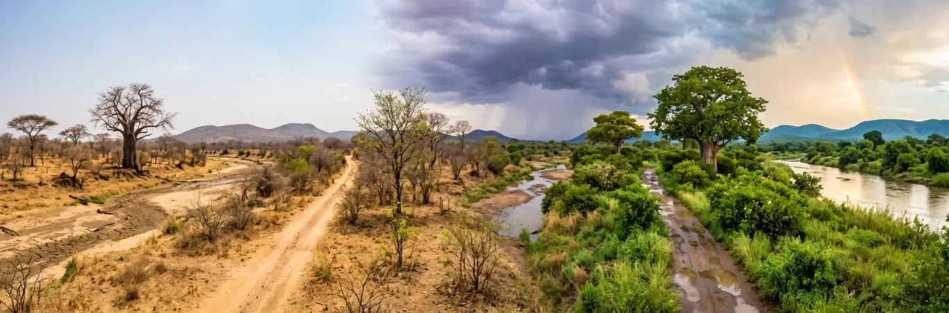 Kruger landscape changing from dry winter bushveld to green summer river under a rain storm