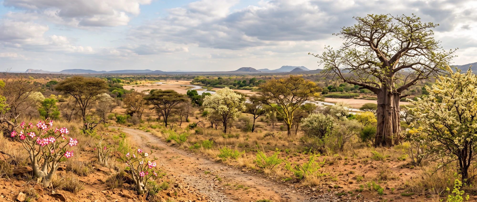 Spring blossoms and a baobab above the river in Kruger National Park